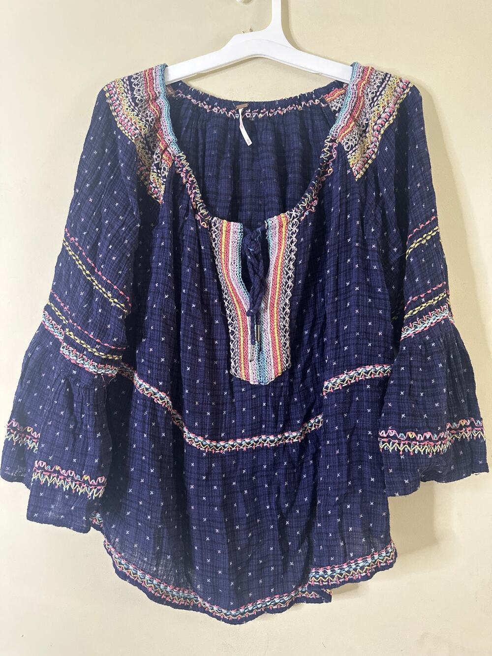 Free People Talia Embroidered Peasant Blouse Boho Blue Bel Sleeve Oversized M 10
